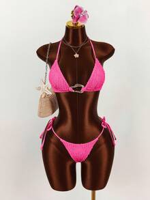 Amplova Bộ bikini hai mảnh gợi cảm dành cho nữ - gồm áo, quần và áo khoác ngoài. - Màu Hồng Tươi - Xem 4