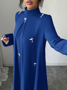 Yasmyna 女士优雅串珠褶裥长袖阿拉伯风格连衣裙 - 寶藍色 - 查看 2