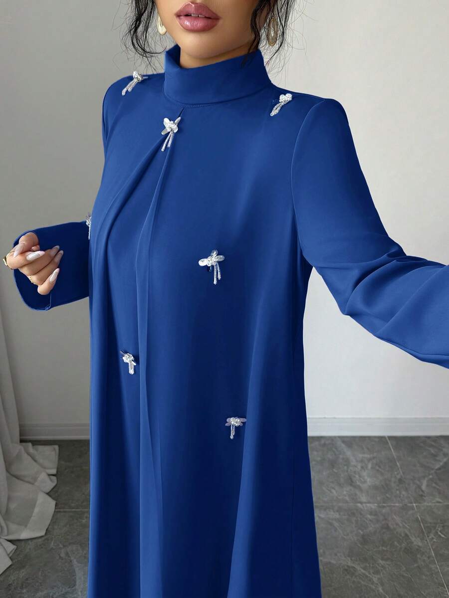 Yasmyna 女士优雅串珠褶裥长袖阿拉伯风格连衣裙