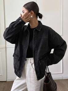 Women's Oversized Drop Shoulder Long Sleeve Casual Denim Jacket For Spring & Autumn - Black - View 9