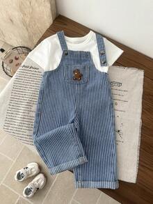 Bộ quần yếm denim rộng rãi kẻ sọc xanh dương có hình gấu dành cho bé trai. - Rửa nhẹ - Xem 7