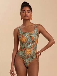 Travachic 1pc Women Abstract Line Star Print Square Neck One-Piece Swimsuit,Teal And Brown,Summer,Boho,Beach,Holiday,Holiday Bathing Suits For Vacation Outfits - Multicolor - View 3