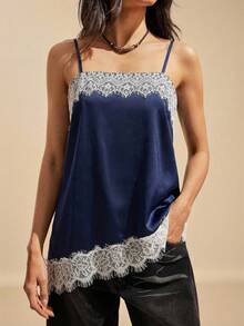Easelle Navy Blue Lace Patchwork Spaghetti Strap Summer Camisole - Navy Blue - View 6