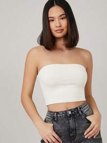 SHEIN BASICS 女款純色百褶休閒百搭日常穿搭抹胸短版平紋夏季度假白色上衣 - 白色 - 查看 6