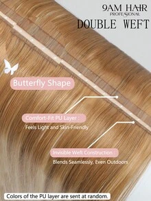 9AM HAIR Butterfly Weft Hair Extensions Human Hair Glueless OVO Pu Hole Genius Hand Tied Invisible DIY Double Weft Hair Extensions Straight 1pc 16 Inches - S10/10/22 - View 5