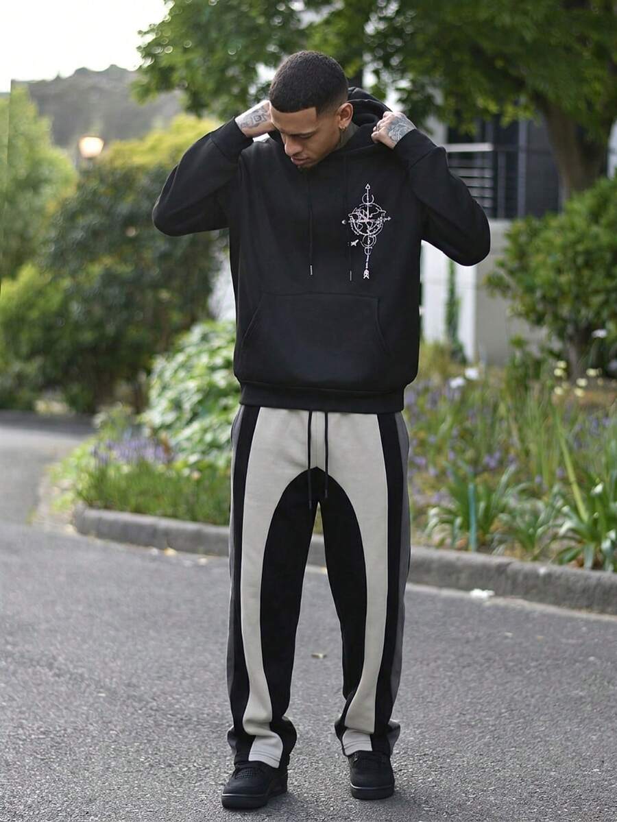 Devon Thys Pantalones casuales de hombre con parches y contraste de color, con cordón en la cintura, para otoño - Negro - Ver 1