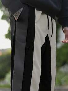 Devon Thys Pantalones casuales de hombre con parches y contraste de color, con cordón en la cintura, para otoño - Negro - Ver 3