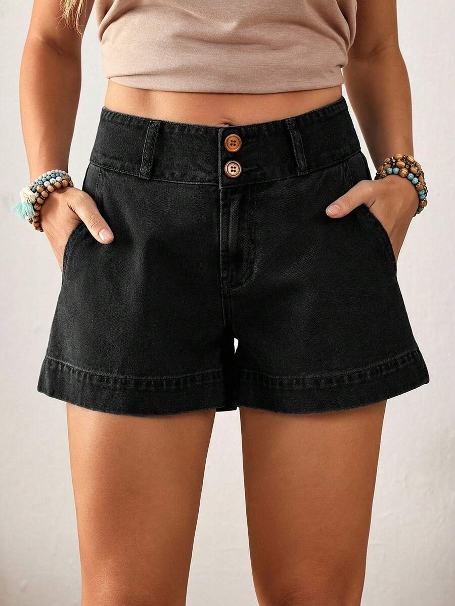 EMERY ROSE Plus Size Solid Color Straight Pocket Casual Summer Versatile Denim Shorts - Black - View 1