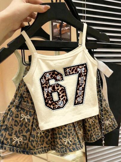 SHEIN Cream White & Retro Leopard Print Collegiate Style 67 Graphic, Super Cute Ballet Vibe, Six Seven, Doot Doot, Meaningless Humorous Playful 67 Design, Chic, Young Girl Casual Minimalist Camisole Suitable For Summer