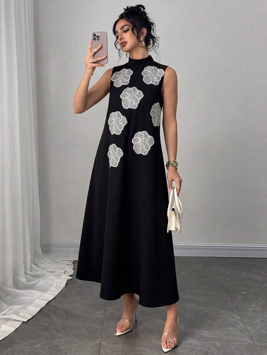 Modelyn 女士时尚优雅奢华3D立体花卉宽松长款A字连衣裙,浅黄色 - 黑色 - 查看 1