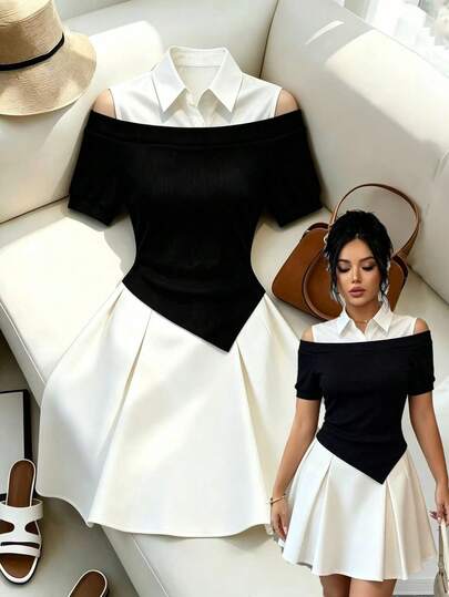 SHEIN Franclia Đầm nữ kiểu Pháp thanh lịch, cổ polo, vạt lệch vai, tay ngắn, phối màu tương phản, thích hợp cho kỳ nghỉ hè, kiểu dáng thường ngày, hàng mới về.