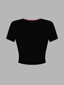 Top corto de punto ajustado, blusa estampada de moda para adolescentes, adecuada para primavera/verano combinada con jeans - Rosa Fucsia - Ver 4