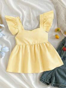 SHEIN Tween Girl Casual Minimalist Comfortable Square Collar Ruffle Striped Blouse - Yellow - View 1