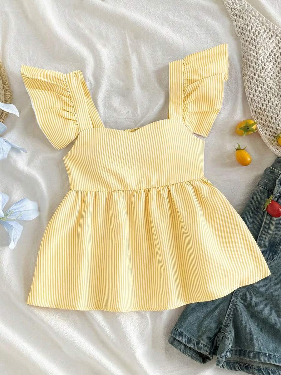 SHEIN Tween Girl Casual Minimalist Comfortable Square Collar Ruffle Striped Blouse - Yellow - View 1