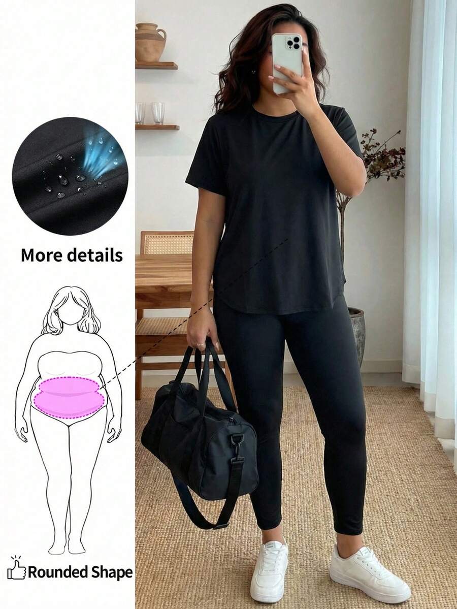 Enliva Plus-Size Women's Sommar Black Casual Gym Short-Sleeved T-Shirt And Leggings 2 Pieces Set,Comfortable Sportswear For Apple And Rounded Body - Black - View 1