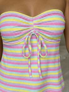 CovetEZ 女士撞色条纹印花衬衫，适合夏季、户外活动、街头风、机场休闲、时尚装扮、海滩度假、音乐节等场合。 - 彩色 - 查看 3