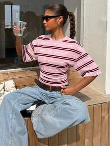 Muchica Women's Retro Striped Contrast Color Print T-Shirt, Suitable For Outings, Street Style, Airport, Work Commute, Y2K, Chic - Multicolor - View 3