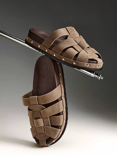 Solezae Zuecos planos de estilo romano vintage tejidos para mujer