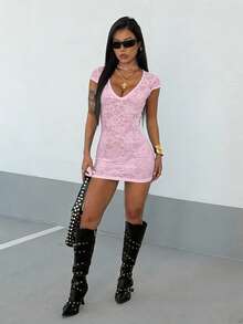 StreetHx Vestido mini ajustado de mujer con cuello en V de encaje - Rosa - Ver 5
