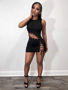 BamGleam Short-Sleeved Round-Neck Open-Back Strapless Summer Mini Tight Dress For Women,Techno Club Club Night Rave Night Rave Beach Vacation Holiday Techno - Black - View 4