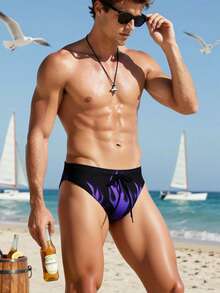 Manfinity Swimmode 男士火焰印花夏季时尚沙滩泳裤 - 黑色 - 查看 3