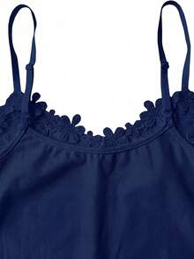 Rometta Plus Size Spaghetti Strap Floral Decor Ruffle Trim Camisole, Summer - Navy Blue - View 5