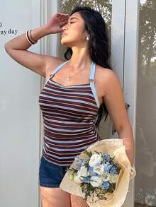 Sunnyshic Casual Vacation Elegant Minimalist Colorblock Striped Versatile Camisole Top, Y2K Style, Plus Size For Women, Summer - Multicolor - View 4