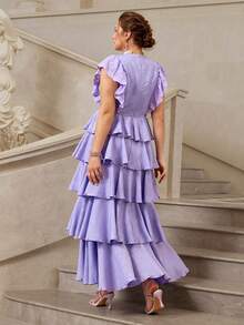 VOLUPTÉ CURVE Plus Size Spring/Summer Lavender Chiffon V-Neck Ruffle Sleeve High Waist Tiered Cake Skirt Long Elegant Wedding Guest Birthday Party Graduation Season Dress - Purple - View 2