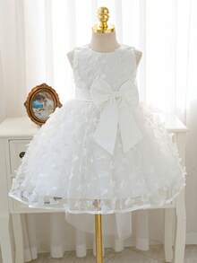 Glamorique Kids Váy công chúa màu trắng cho bé gái, kiểu dáng xếp lớp, phối lưới hình bướm, thích hợp làm váy dự tiệc. - trắng - Xem 1