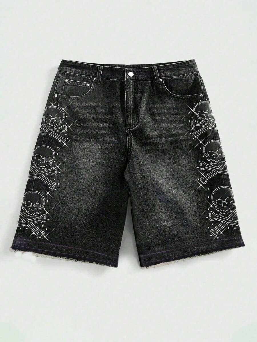 ROMWE MEN Men's Loose Fit Denim Shorts With Skull Embroidery - Black - View 1