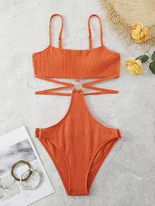 SHEIN Swim 夏季沙灘鏈接中空連體泳衣，泳裝 - 亮橙色 - 查看 2