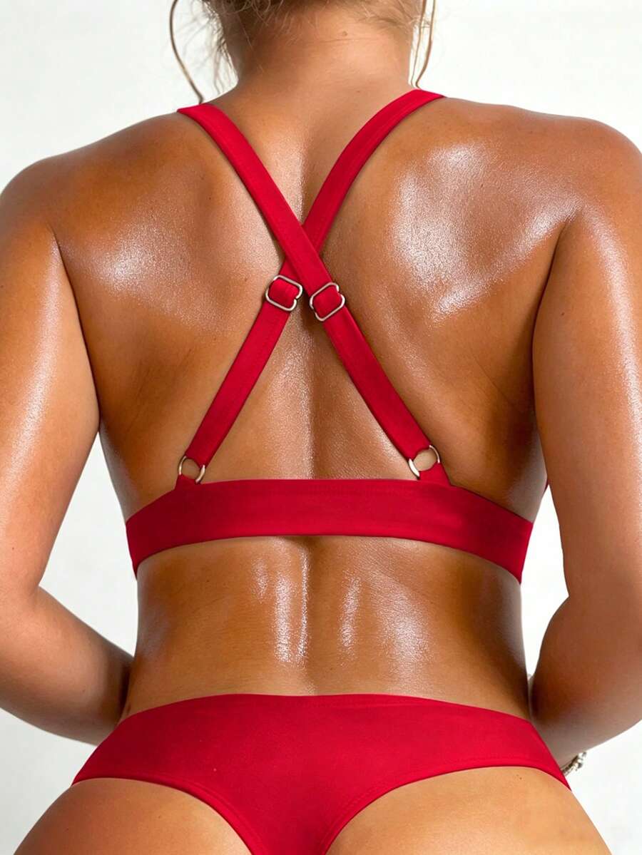 SHEIN Swim 女士纯色交叉露背性感比基尼泳衣套装，夏季沙滩装 - 紅色 - 查看 1