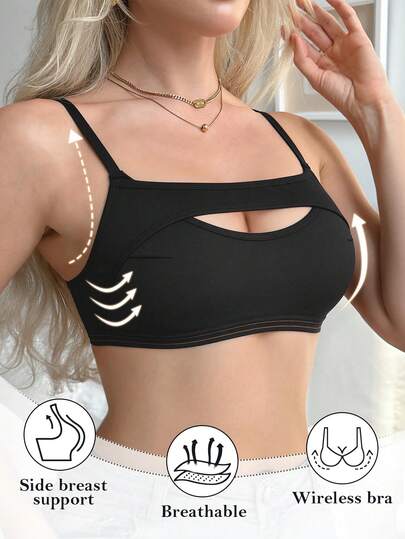 1pc Women's Black Wireless Sports Bra, Comfortable & Supportive