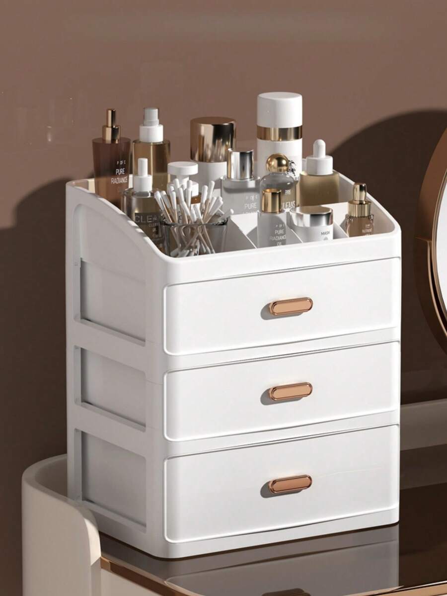 1pc White Nordic Style Desktop Multi-Layer Divided Makeup Organizer Box, Cream Cosmetics Grid Display Rack, Household Desktop Portable Drawer With Light Luxury Storage Box For Storage - White - View 1