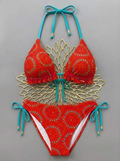 Swim Vcay Conjunto de bikini de 2 piezas con estampado geométrico aleatorio, de moda, para vacaciones, uso diario y casual, sexy, con copa triangular, cuello halter, cordón ajustable, volantes y abertura alta en la pierna, talla grande, nueva llegada 2026