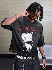 ROMWE MEN Betty Boop | ROMWE Camiseta de manga raglán con gráfico de retrato y letra, con detalles de remaches y lavado vintage, de corte holgado para hombre - Negro - Ver 3