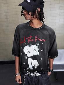 ROMWE MEN Betty Boop | ROMWE Camiseta de manga raglán con gráfico de retrato y letra, con detalles de remaches y lavado vintage, de corte holgado para hombre - Negro - Ver 6