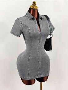 Mistrie Women's Denim Dress With High Slit - Light Grey - View 6