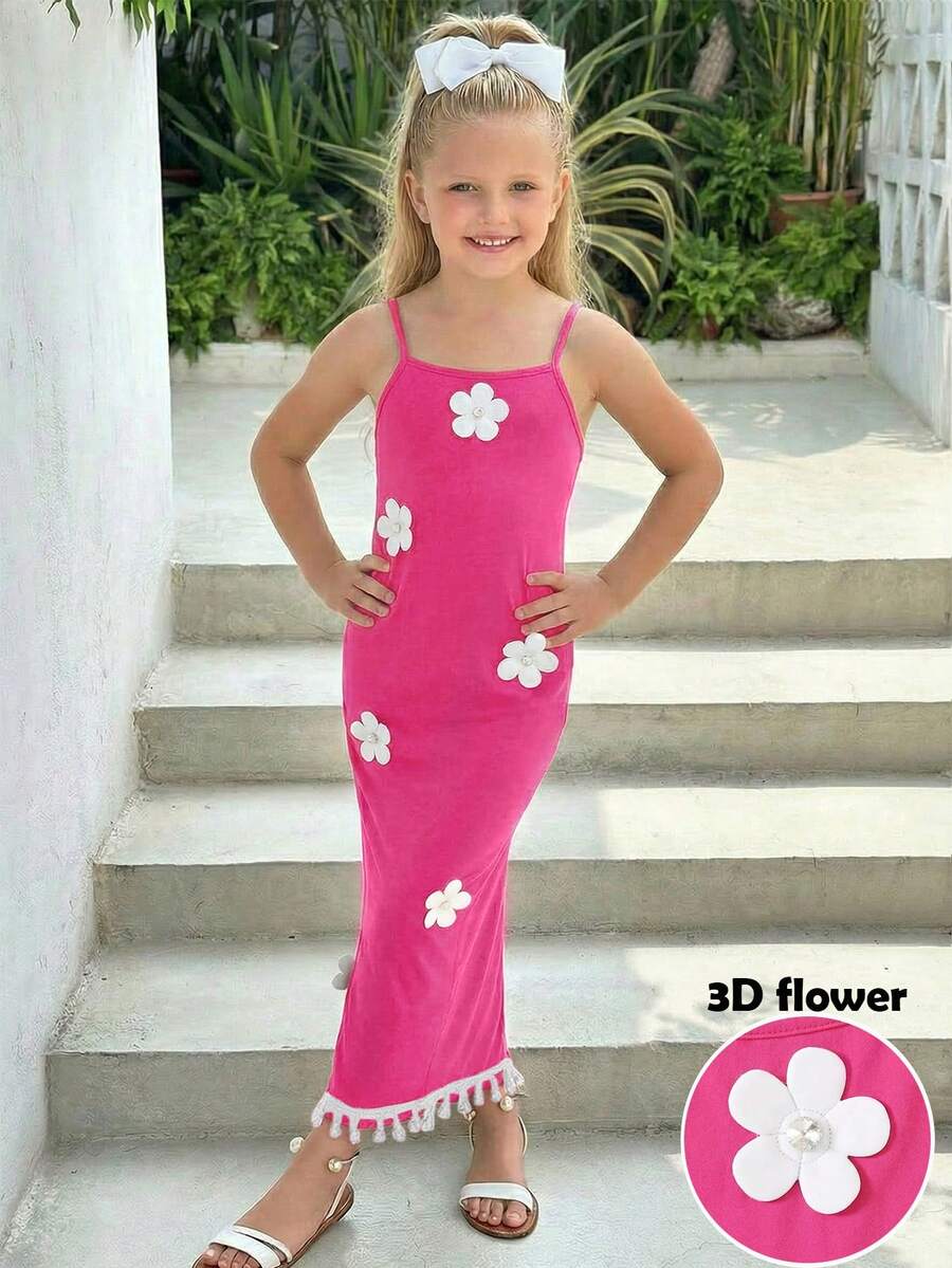 Emery Rose Kids Emery Rose Kids 年轻女孩/年轻女孩优雅印花露背修身度假连衣裙，吊带蝴蝶结喇叭裙摆设计，休闲日常街头服饰 - 玫紅色 - 查看 1