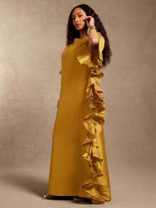 Vixey Boat Neck Off Shoulder Ruffle Detail Maxi Flowy Taffeta Dress - Yellow - View 4