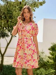 KARISMINA Women's V-Neck Abstract Pink Floral Floral Print Midi Dress,Front Tie Puff Short Sleeve Elastic Waist A-Line Sundress For Summer Boho Tropical Beach - Baby Pink - View 7