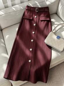 Plus Size Women's New Elegant Versatile Casual Commute Minimalist Striped A-Line Skirt, Spring/Summer - Burgundy - View 8