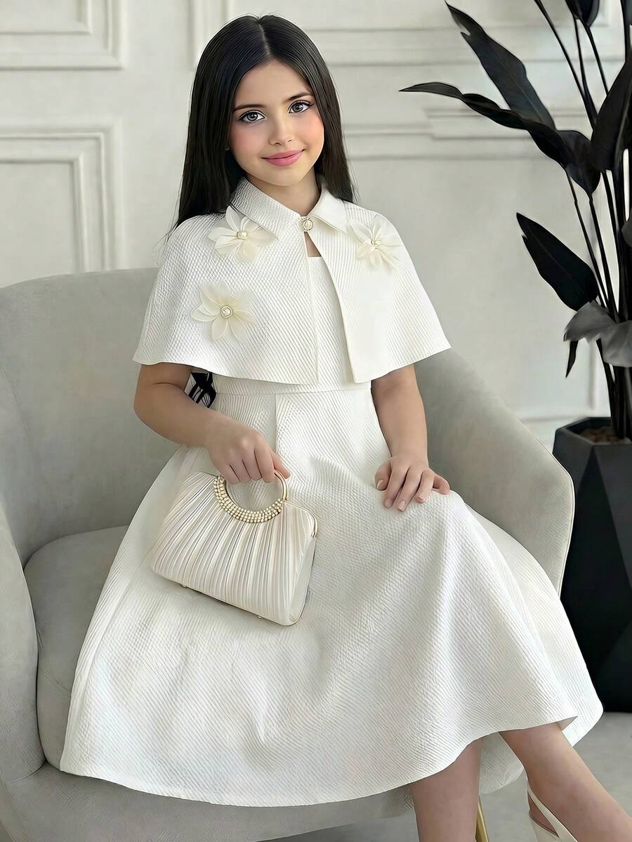 SHEIN Tween Girl Elegant Solid Color Floral Decor Shawl & Sleeveless Party Dress Set - Apricot - View 1