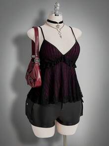 SHEIN ICON 大码女式植物印花荷叶边吊带背心，适合度假和锐舞派对穿着 - 黑色 - 查看 9