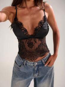SHEIN BAE Women's Casual Vacation Lace Patchwork Camisole Top, Suitable For Beach, Daily Wear, Dates, Leisure Black Camisole,Summer - Black - View 7