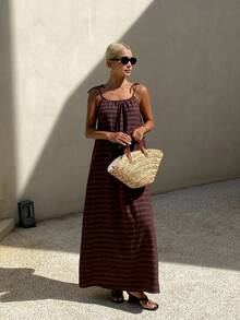 Livesso 女士条纹印花扭结肩带休闲长裙 - 棕色 - 查看 5