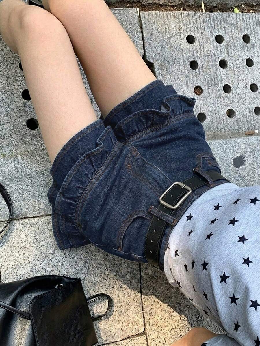 DAZY Quần short denim màu xám kiểu vintage cho nữ, có bèo nhún ở gấu quần, phong cách Hàn Quốc. - Màu xanh lam - Xem 1