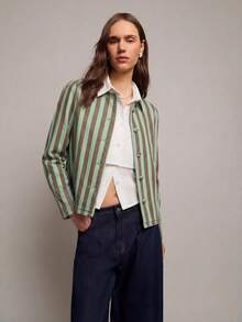 Nöista Blouse rayée, rayures verticales, col rond, boutons recouverts de tissu, épaules bouffantes, manches longues avec poignets boutonnés, look printemps été, tenues d'anniversaire pour vêtements de carnaval. - Vert - View 5