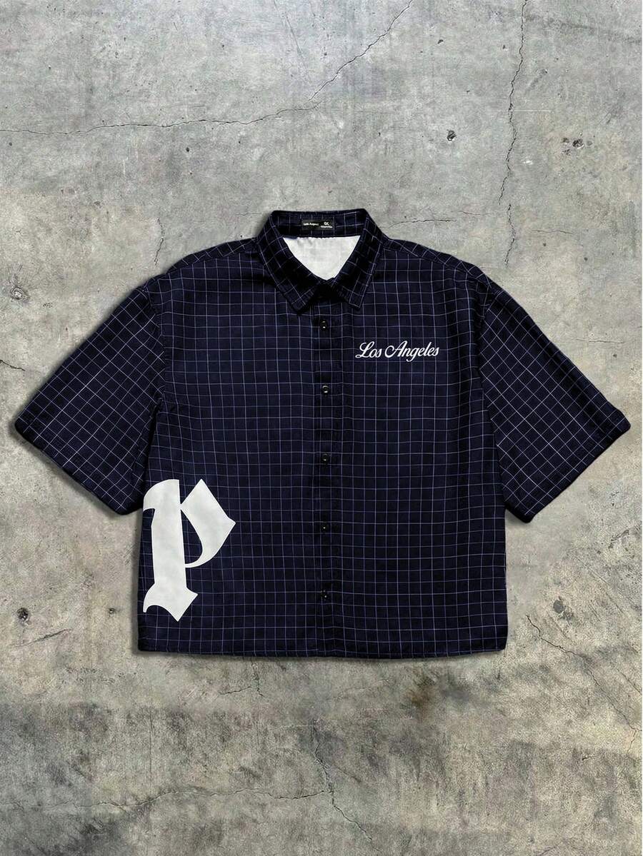 AXEPEAK Men's Loose Fit Letter & Plaid Print Short Sleeve Woven Shirt