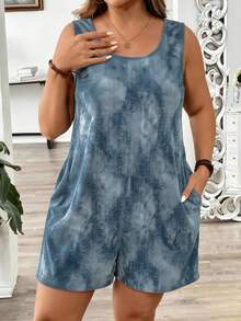 SHEIN LUNE Bộ jumpsuit nữ cỡ lớn kiểu dáng nghỉ hè, chất liệu giả denim kẻ sọc, cổ tròn, có túi, phù hợp cho du lịch, kỳ nghỉ, mùa hè và mặc hàng ngày. - Màu xanh lam - Xem 3